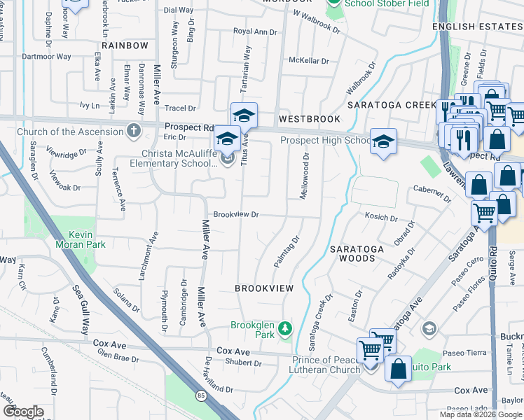 map of restaurants, bars, coffee shops, grocery stores, and more near 12250 Country Squire Lane in Saratoga