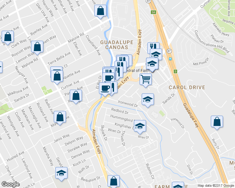 map of restaurants, bars, coffee shops, grocery stores, and more near 2415 Rinconada Drive in San Jose