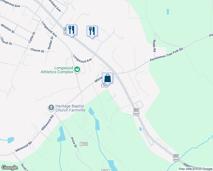 map of restaurants, bars, coffee shops, grocery stores, and more near 1810 Greenhouse Road in Farmville