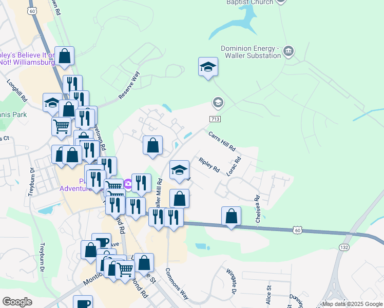 map of restaurants, bars, coffee shops, grocery stores, and more near 112 Arden Drive in Williamsburg