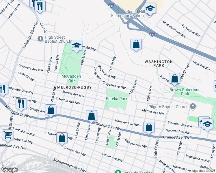 map of restaurants, bars, coffee shops, grocery stores, and more near 1601 Grayson Avenue Northwest in Roanoke