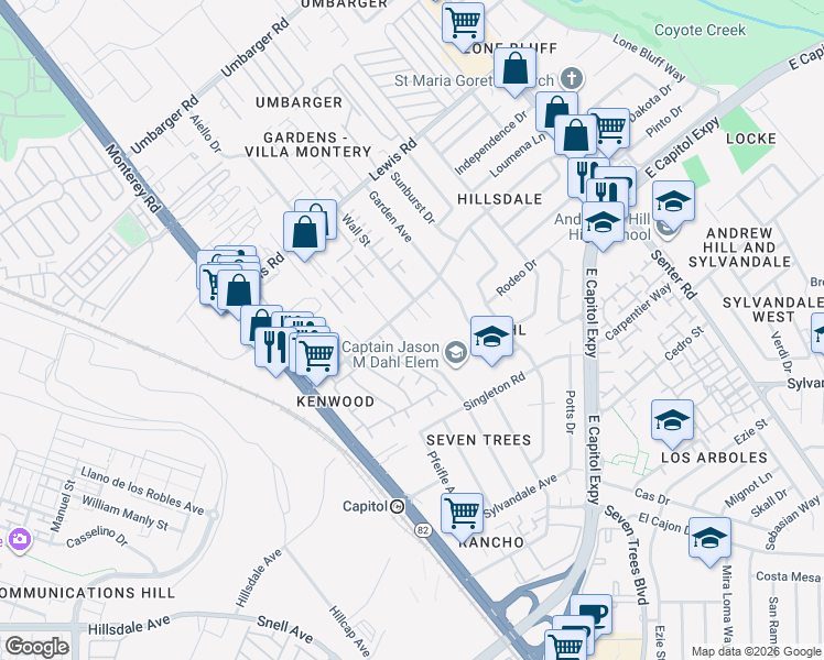 map of restaurants, bars, coffee shops, grocery stores, and more near 244 Southside Drive in San Jose