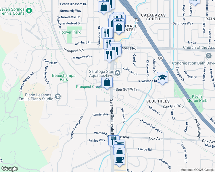 map of restaurants, bars, coffee shops, grocery stores, and more near 12297 Kenyon Court in Saratoga