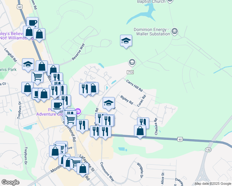 map of restaurants, bars, coffee shops, grocery stores, and more near 112 Arden Drive in Williamsburg