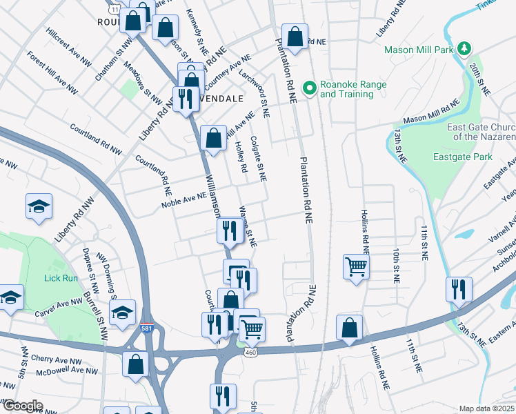 map of restaurants, bars, coffee shops, grocery stores, and more near 1820 Colgate Street Northeast in Roanoke