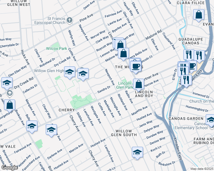 map of restaurants, bars, coffee shops, grocery stores, and more near 1231 Madrona Avenue in San Jose