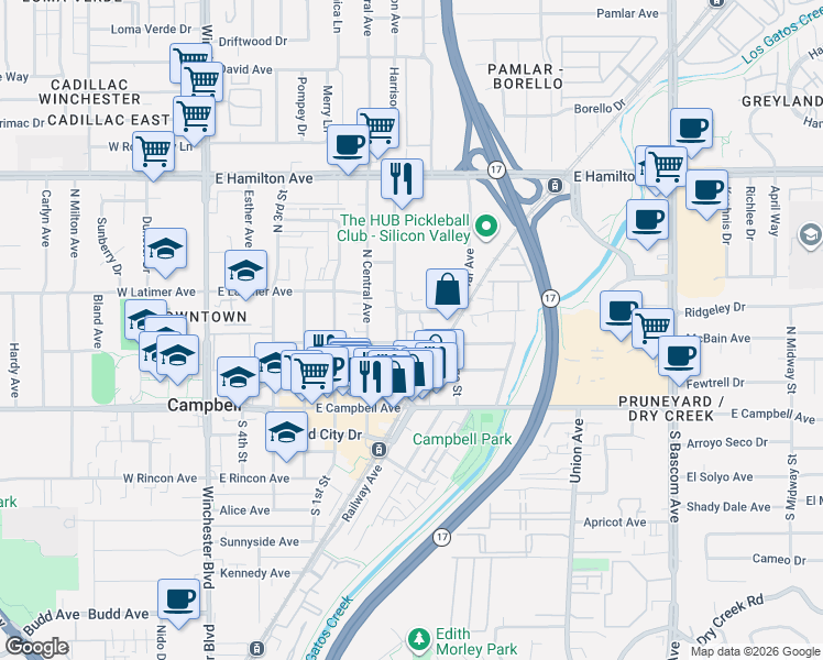 map of restaurants, bars, coffee shops, grocery stores, and more near 199 Harrison Avenue in Campbell