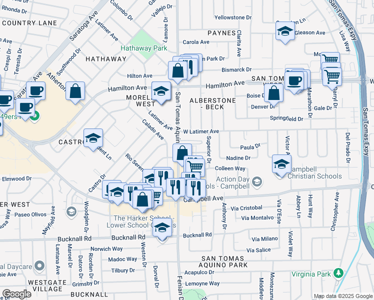 map of restaurants, bars, coffee shops, grocery stores, and more near 268 San Tomas Aquino Road in Campbell