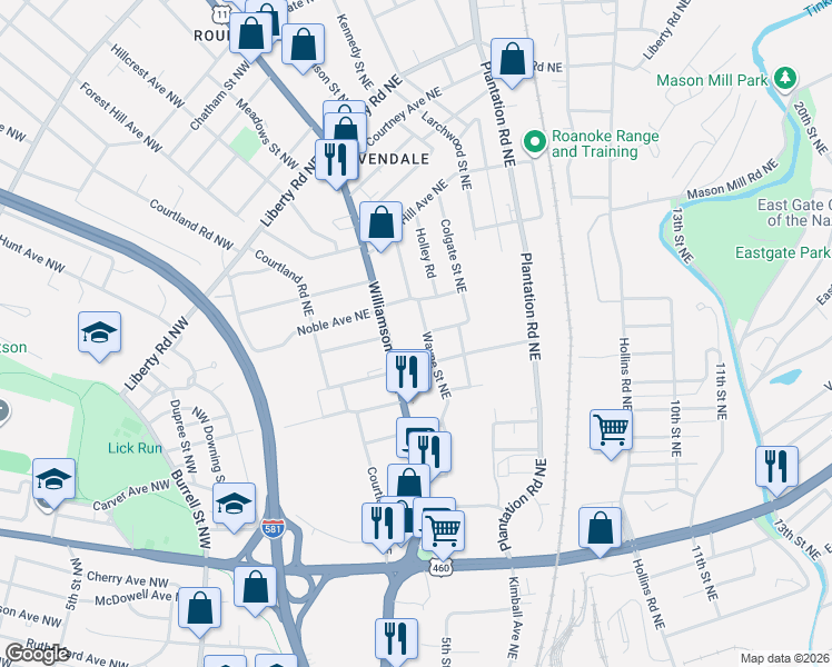 map of restaurants, bars, coffee shops, grocery stores, and more near 1912 Wayne Street Northeast in Roanoke