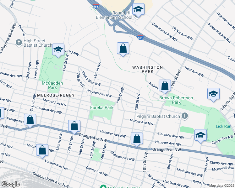 map of restaurants, bars, coffee shops, grocery stores, and more near 1406 Rugby Boulevard Northwest in Roanoke