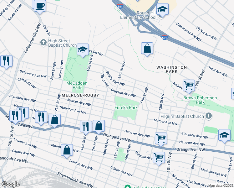 map of restaurants, bars, coffee shops, grocery stores, and more near 1601 Grayson Avenue Northwest in Roanoke