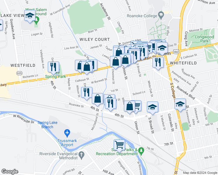 map of restaurants, bars, coffee shops, grocery stores, and more near 219 Chestnut Street in Salem