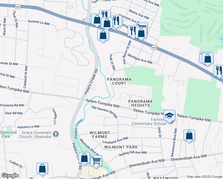 map of restaurants, bars, coffee shops, grocery stores, and more near 802 Westside Boulevard Northwest in Roanoke