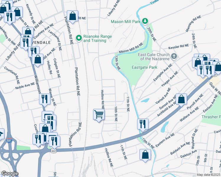 map of restaurants, bars, coffee shops, grocery stores, and more near 927 Monticello Avenue Northeast in Roanoke
