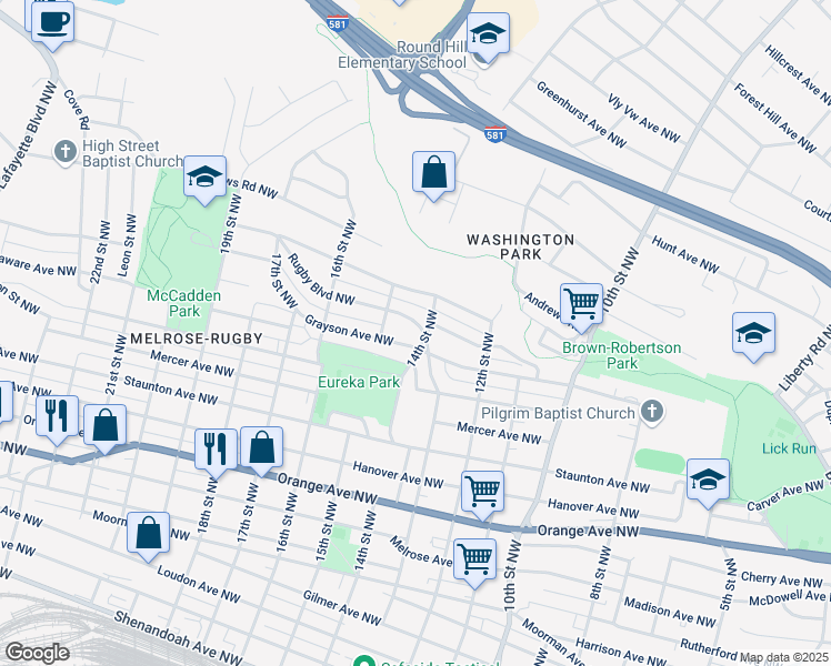 map of restaurants, bars, coffee shops, grocery stores, and more near 1406 Rugby Boulevard Northwest in Roanoke