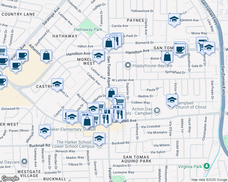 map of restaurants, bars, coffee shops, grocery stores, and more near 1475 Ontario Lane in Campbell
