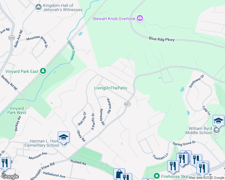map of restaurants, bars, coffee shops, grocery stores, and more near 541 Holiday Road in Vinton