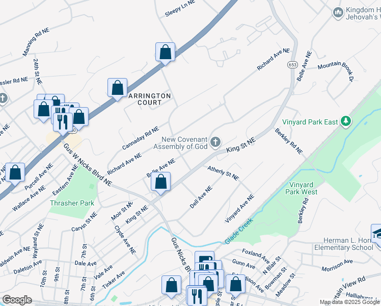 map of restaurants, bars, coffee shops, grocery stores, and more near 2815 Belle Avenue Northeast in Roanoke