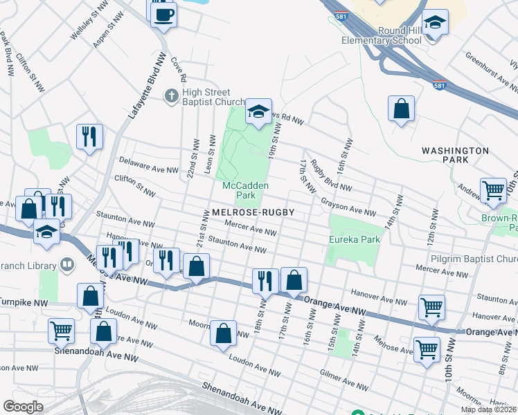 map of restaurants, bars, coffee shops, grocery stores, and more near 1122 19th Street Northwest in Roanoke
