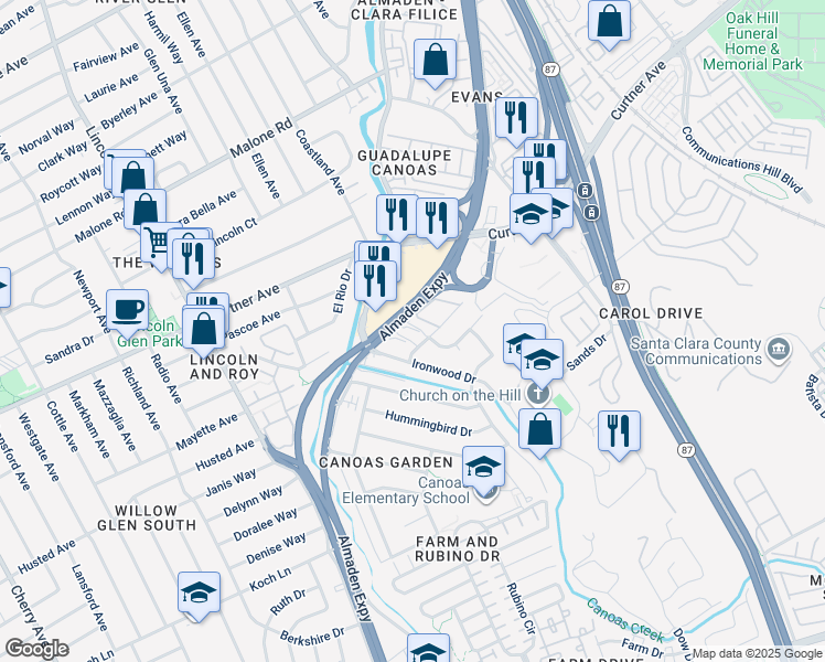 map of restaurants, bars, coffee shops, grocery stores, and more near 2415 Rinconada Drive in San Jose