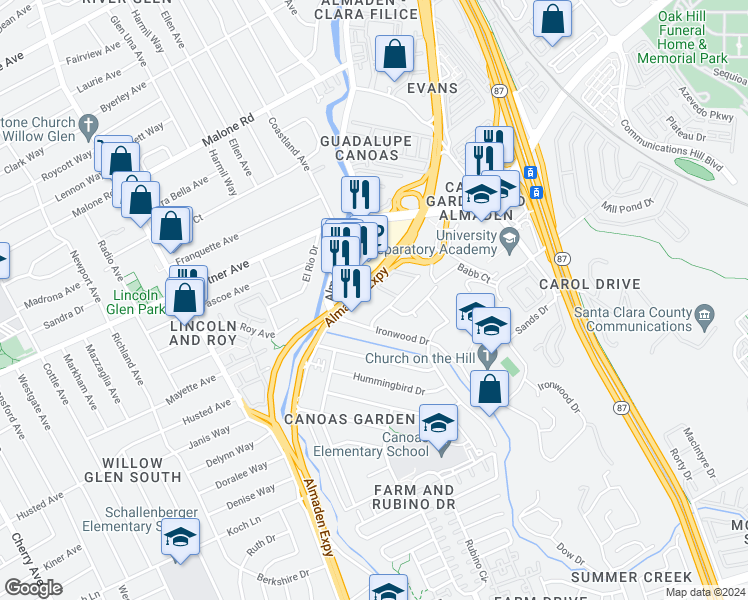 map of restaurants, bars, coffee shops, grocery stores, and more near 2415 Rinconada Drive in San Jose