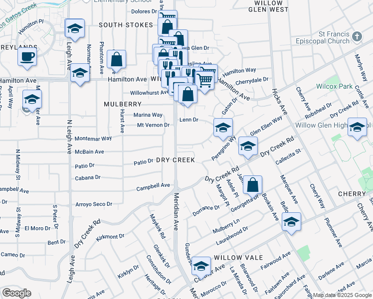 map of restaurants, bars, coffee shops, grocery stores, and more near 1880 Meridian Avenue in San Jose