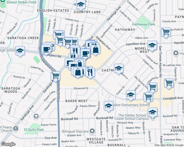 map of restaurants, bars, coffee shops, grocery stores, and more near 4980 Hamilton Avenue in San Jose