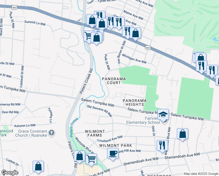 map of restaurants, bars, coffee shops, grocery stores, and more near 817 Westside Boulevard Northwest in Roanoke