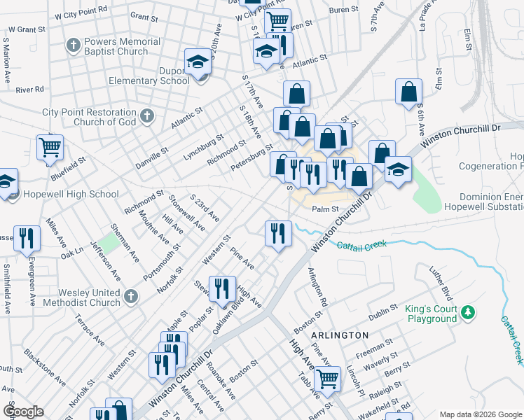 map of restaurants, bars, coffee shops, grocery stores, and more near 2308 Elm Street in Hopewell