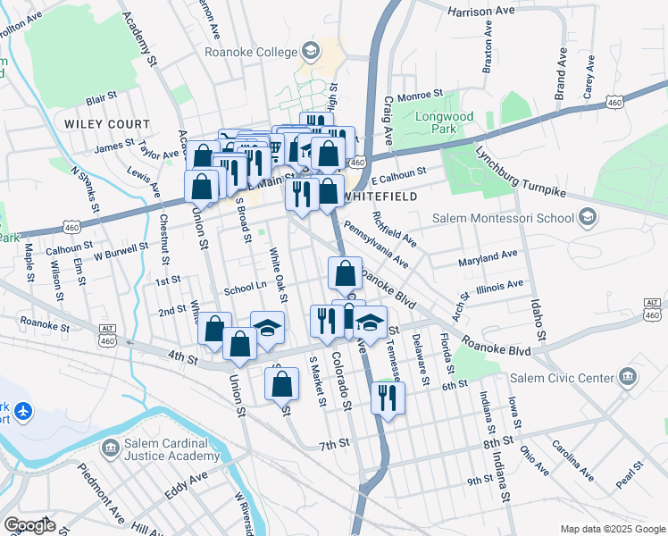 map of restaurants, bars, coffee shops, grocery stores, and more near 305 Roanoke Boulevard in Salem