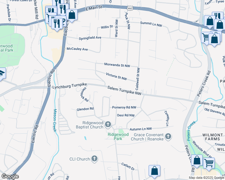 map of restaurants, bars, coffee shops, grocery stores, and more near 5204 Salem Turnpike Northwest in Roanoke