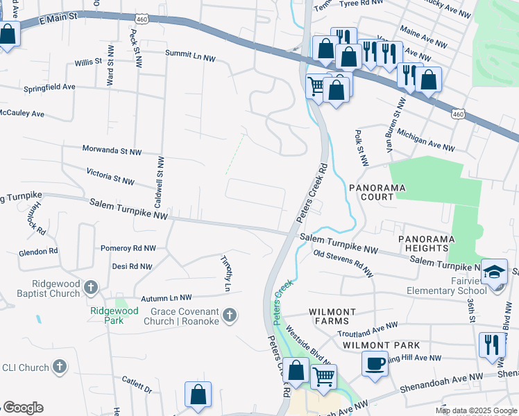 map of restaurants, bars, coffee shops, grocery stores, and more near 4217 Moomaw Avenue Northwest in Roanoke