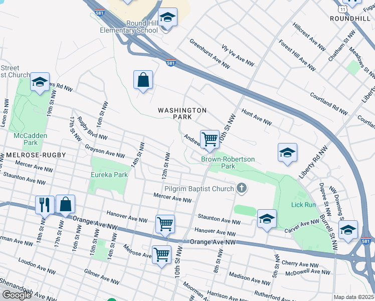 map of restaurants, bars, coffee shops, grocery stores, and more near 1102 Syracuse Avenue Northwest in Roanoke