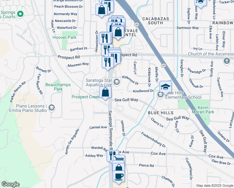 map of restaurants, bars, coffee shops, grocery stores, and more near 20099 Marigny Place in Saratoga