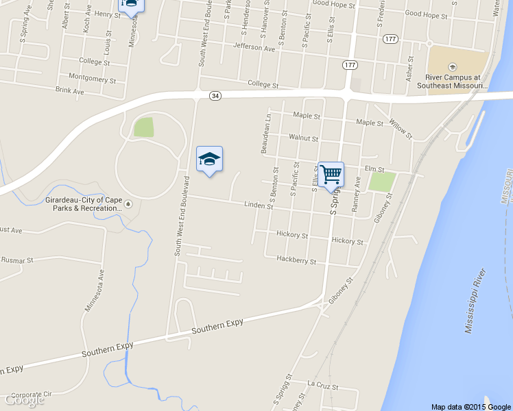 map of restaurants, bars, coffee shops, grocery stores, and more near 1029 South Benton Street in Cape Girardeau