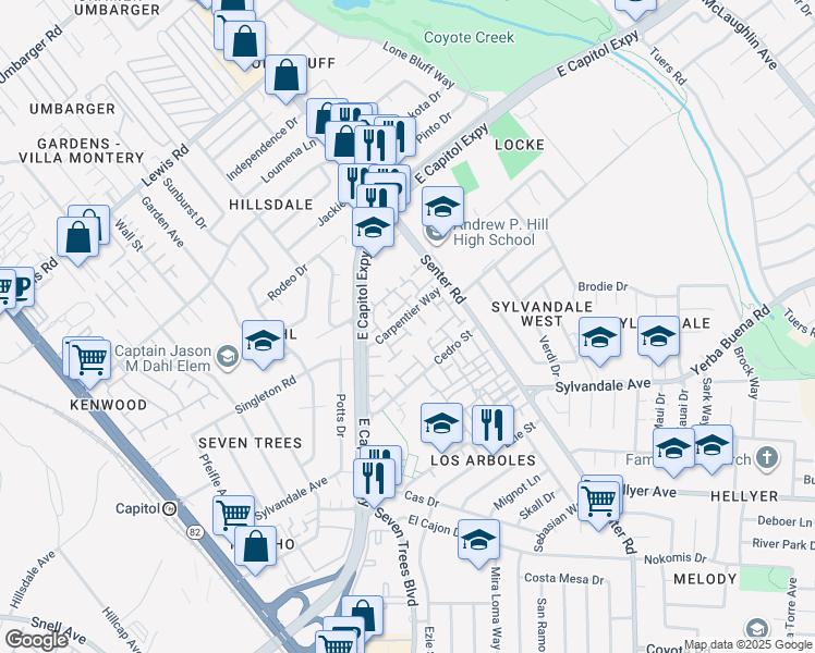 map of restaurants, bars, coffee shops, grocery stores, and more near 3262 Sagittarius Lane in San Jose
