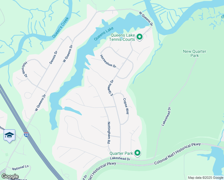 map of restaurants, bars, coffee shops, grocery stores, and more near 270 E Queens Dr in Williamsburg
