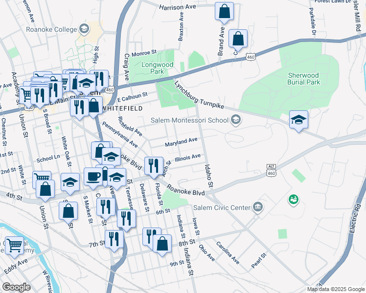 map of restaurants, bars, coffee shops, grocery stores, and more near 808 Maryland Avenue in Salem