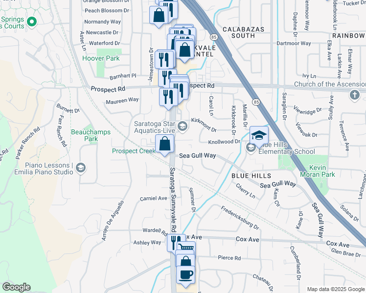 map of restaurants, bars, coffee shops, grocery stores, and more near 20099 Marigny Place in Saratoga