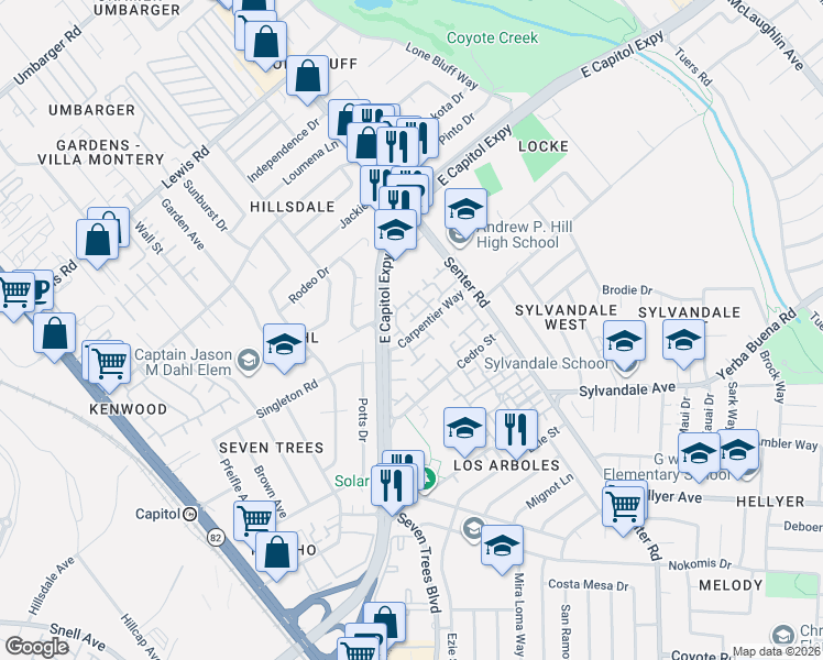 map of restaurants, bars, coffee shops, grocery stores, and more near 472 Sieber Court in San Jose