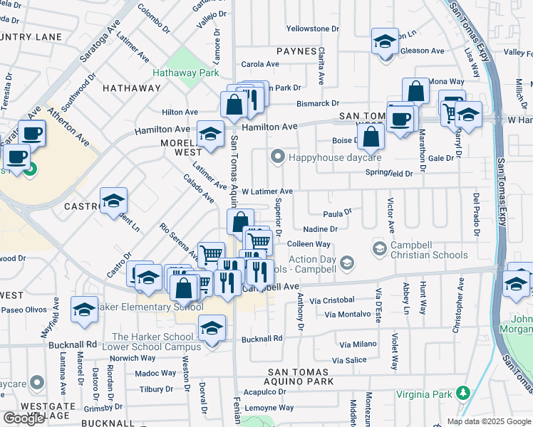 map of restaurants, bars, coffee shops, grocery stores, and more near 252 Superior Drive in Campbell