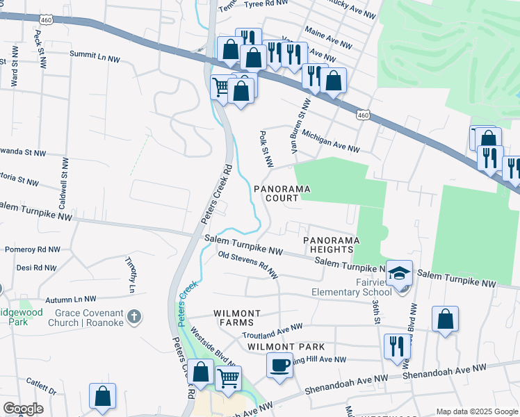 map of restaurants, bars, coffee shops, grocery stores, and more near 817 Westside Boulevard Northwest in Roanoke