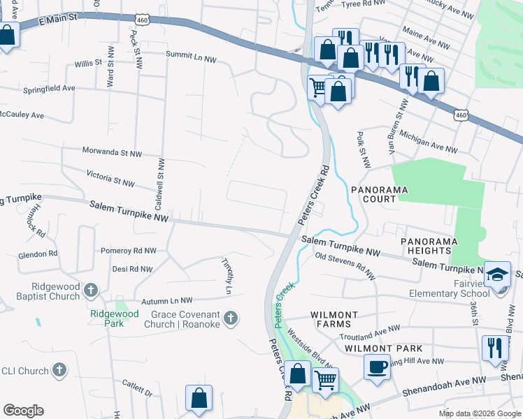 map of restaurants, bars, coffee shops, grocery stores, and more near 4217 Moomaw Avenue Northwest in Roanoke