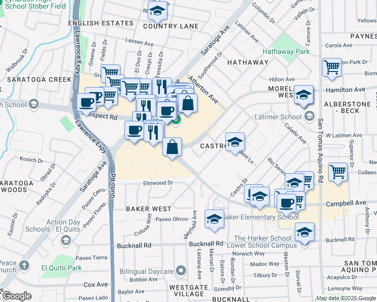 map of restaurants, bars, coffee shops, grocery stores, and more near 4890 Hamilton Avenue in San Jose
