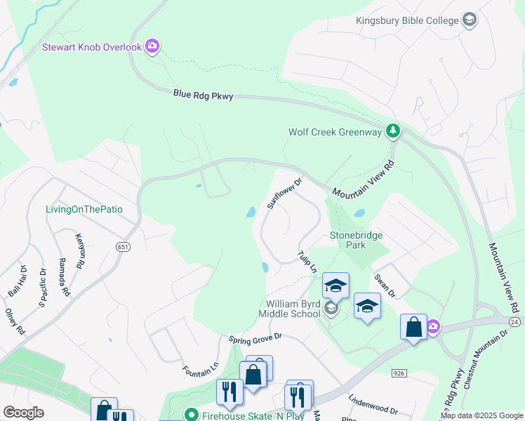 map of restaurants, bars, coffee shops, grocery stores, and more near 386 Sunflower Drive in Vinton