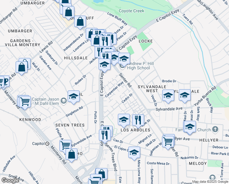 map of restaurants, bars, coffee shops, grocery stores, and more near 3262 Sagittarius Lane in San Jose