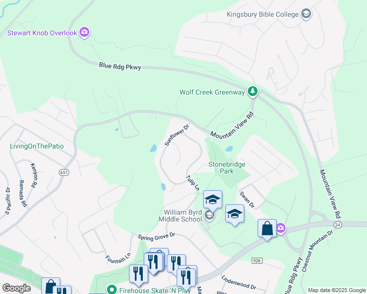 map of restaurants, bars, coffee shops, grocery stores, and more near 426 Edgemont Circle in Vinton