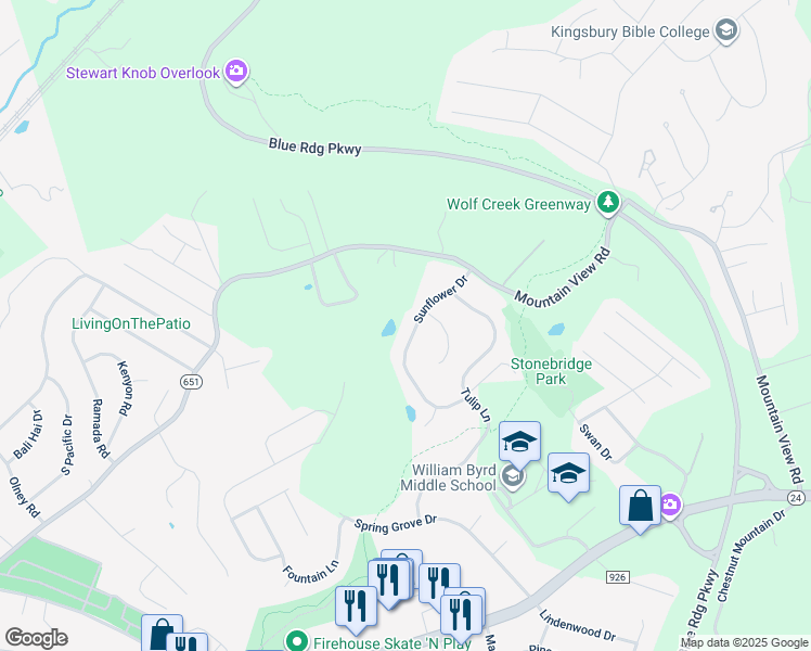 map of restaurants, bars, coffee shops, grocery stores, and more near 386 Sunflower Drive in Vinton