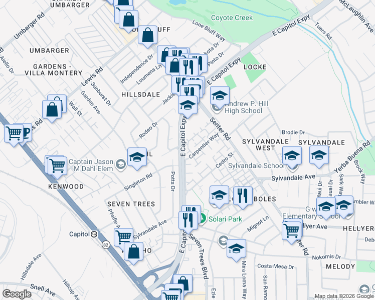 map of restaurants, bars, coffee shops, grocery stores, and more near 472 Sieber Court in San Jose