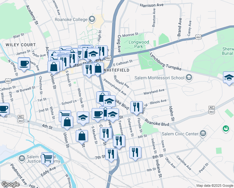 map of restaurants, bars, coffee shops, grocery stores, and more near 451 Virginia Avenue in Salem